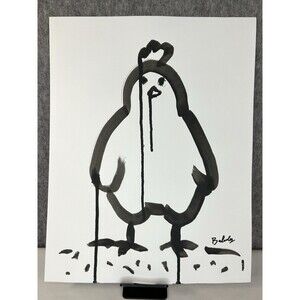 Minimalist Black Chicken Painting Original Modern Art on Heavyweight Paper 11x14